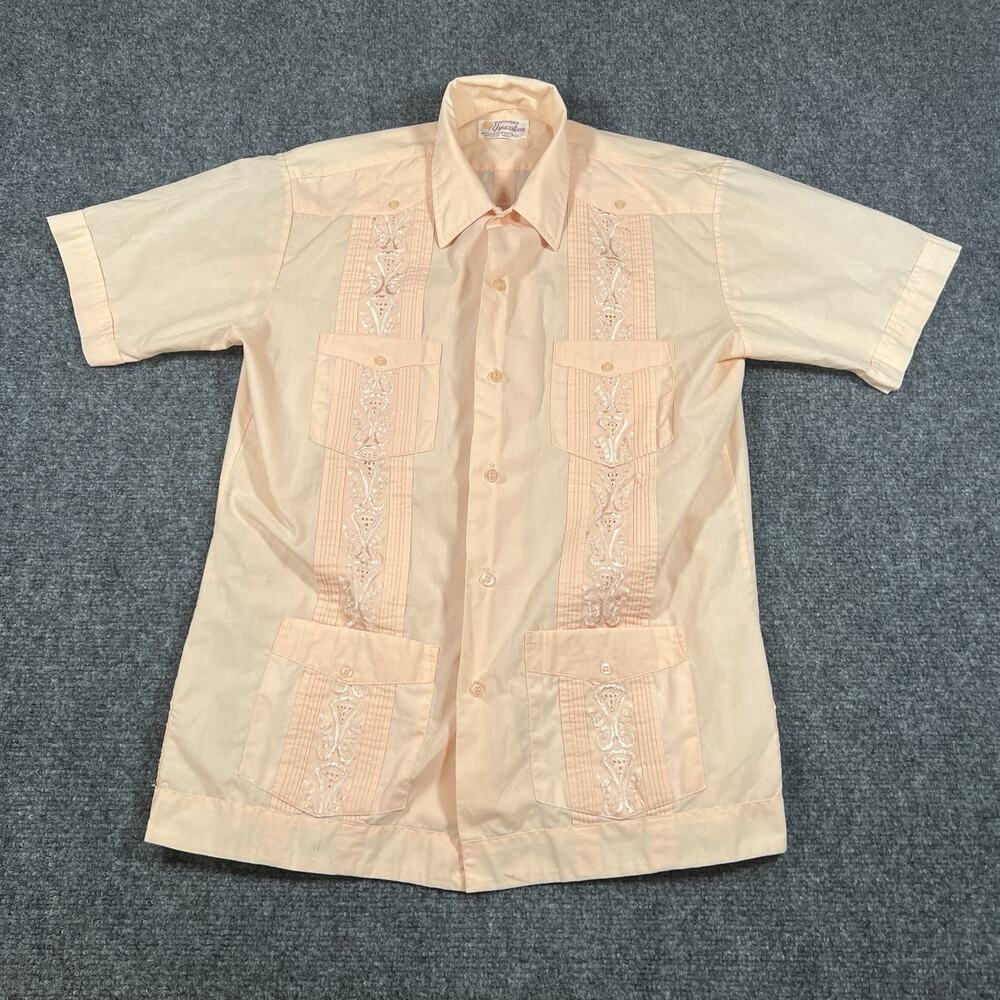 VTG 70s 80s Yucateca Men's Peach Orange Guayabera Hawaiian Wedding Shirt Medium